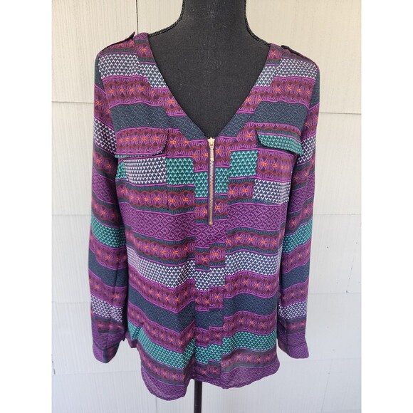 Candie's Purple Geometric Longsleeve Top Women's Size Medium M Polyester - Picture 1 of 6